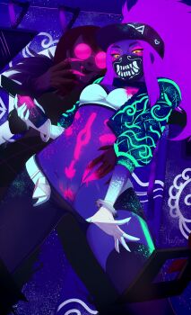 2girls akali artist_name black_choker black_eyes black_gloves black_headwear black_mask bracelet breasts can choker clothes_pull cropped_jacket evelynn_(league_of_legends) fingerless_gloves fur_trim glasses gloves glowing heart highres holding holding_can hood hood_down hooded_jacket jacket jewelry k/da_(league_of_legends) k/da_akali k/da_evelynn league_of_legends long_hair mask medium_breasts merunyaa mouth_mask multiple_girls navel open_clothes open_jacket pink-tinted_eyewear ponytail purple_jacket pussy red_hair red_thighhighs round_eyewear shorts shorts_pull single_thighhigh smile spray_paint stomach thighhighs tinted_eyewear ultraviolet_light