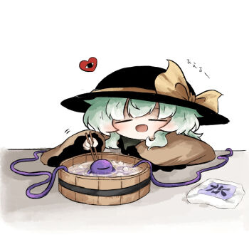 1girl black_hat chopsticks closed_eyes green_hair hat hat_ribbon heart heripantomorrow komeiji_koishi long_sleeves open_mouth ribbon shirt short_hair smile solo third_eye touhou white_background yellow_ribbon yellow_shirt