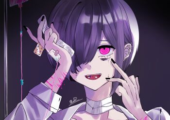 Rule 34 | 1girl, @ @, bags under eyes, black nails, collar, drugs, hair over one eye, hand up, hashtag-only commentary, highres, intravenous drip, krs rip, open mouth, original, pill on tongue, pink eyes, purple hair, scar, scar on hand, self-harm, short hair, sidelocks, solo, upper body, wrist cutting