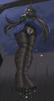 1girl absurdres ameng_(katena1990) bdsm black_hair black_jacket black_pantyhose blue_skirt blush bondage bound breasts cloth_gag crotch_rope date_a_live execution gag gagged gallows hanged highres immobilization improvised_gag jacket large_breasts long_hair low_twintails no_shoes outdoors panties panties_under_pantyhose pantyhose peeing pleated_skirt restrained school_uniform shibari skindentation skirt solo tokisaki_kurumi twintails underwear upskirt white_panties