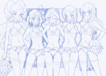 4girls ahoge blunt_bangs bra breasts character_request cheerleader collar copyright_request cowboy_shot flat_chest lineart long_hair looking_at_viewer miyagoe_yoshitsuki monochrome multiple_girls one_eye_closed open_mouth panties pom_pom_(cheerleading) skirt small_breasts twintails underwear very_long_hair