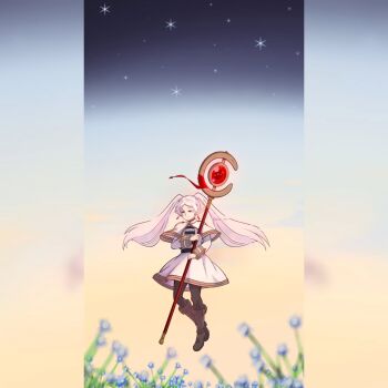 1girl black_pantyhose blurry boots capelet commentary elf english_commentary floating flower frieren full_body highres holding holding_staff instagram_username jacket knee_boots long_hair making-of_available medium_skirt pantyhose pillarboxed pointy_ears rozan_arts skirt sky smile solo sousou_no_frieren staff star_(sky) starry_sky twintails very_long_hair white_capelet white_hair white_jacket