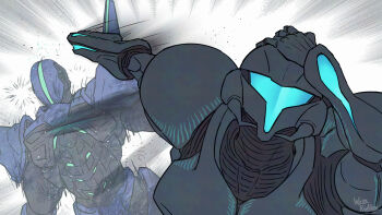 1boy 1girl arm_cannon artist_name assault_visor commentary dark_samus hand_on_own_head helmet highres meme metroid naoya_hitting_choso_without_looking_(meme) neon_lights nintendo punching rapid_punches shoulder_spikes simple_background spikes sylux_(metroid) symbol-only_commentary wakaba_(wata_ridley) weapon