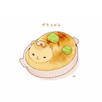 :3 broccoli cat chai_(drawingchisanne) food-themed_creature no_humans original plate shrimp signature solo white_background