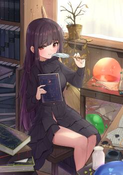 1girl absurdres black_dress blush book bookshelf breasts broom chair commentary_request dead_plants dress erlenmeyer_flask experiment flask glass_bottle highres holding holding_book holding_pen huge_filesize indoors inkwell key korean_commentary kouki_(chancegak) legs_together long_hair looking_at_viewer medium_breasts on_chair original pen plant potted_plant purple_hair quill_pen red_eyes signature sitting slime_(substance) smile solo spill table test_tube very_long_hair