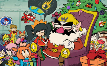 4boys 5-volt 6+girls 9-volt ana_(warioware) ashley_(warioware) bandinero black_hair brown_hair bucket_head character_request child christmas christmas_present christmas_tree commentary crossover crowd english_commentary fake_beard fake_facial_hair gift grand_dad hat highres imagining kat_(warioware) kevin_arthur leo_(warioware) looking_at_another lulu_(warioware) mario_&amp;_wario mario_(series) meteor mother_(series) mother_2 multiple_boys multiple_girls ness_(mother_2) nintendo orange_hair pink_hair princess_shokora pyoro_(warioware) red_(warioware) santa_costume sitting speech_bubble thought_bubble throne twintails wanda_(mario) wario wario_land wario_land_4 warioware yellow_hat