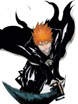 Rule 34 | 1boy, bankai, bleach, brown eyes, holding, holding sword, holding weapon, japanese clothes, kubo tite, kurosaki ichigo, looking at viewer, male focus, official art, orange hair, shihakusho, short hair, simple background, spiked hair, sword, teeth, tensa zangetsu (bankai), weapon, white background, zanpakutou