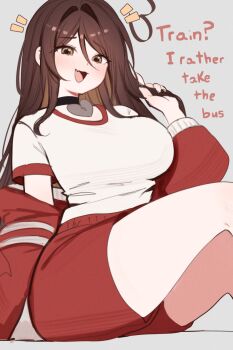 ahoge black_choker breasts brown_eyes brown_hair choker commentary english_commentary fang from_below hand_in_own_hair heart heart_ahoge heart_choker highres huge_ahoge indie_virtual_youtuber jacket large_breasts long_hair open_mouth red_jacket red_shorts shirt shorts sidelocks simple_background sitting skin_fang sky_above_me sky_above_me_(vtuber) virtual_youtuber white_background white_shirt