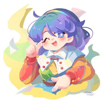 1girl :3 ;d aura blue_eyes blue_hair capelet commentary_request cropped_torso hairband highres long_sleeves looking_at_viewer mame_komari medium_hair multicolored_hairband multicolored_shirt no_lineart one_eye_closed open_mouth patchwork_clothes pointing pointing_down pointing_up rainbow_gradient smile solo tenkyuu_chimata touhou twitter_username white_background white_capelet