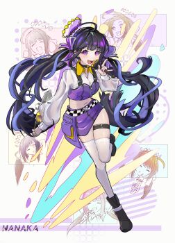 1girl abstract_background absurdres ahoge black_boots black_hair blue_hair blush boots bow character_name chinese_commentary collared_shirt commentary commentary_request english_commentary full_body girls&#039;_frontline girls&#039;_frontline_neural_cloud gold_halo hair_bow halo highres holding holding_microphone looking_at_viewer lotan microphone midriff mixed-language_commentary multicolored_hair multiple_views nanaka_(iris-colored_holiday)_(neural_cloud) nanaka_(neural_cloud) navel official_alternate_costume open_mouth purple_bow purple_eyes purple_skirt red_nails red_pupils shirt skirt smile streaked_hair thigh_strap thighhighs two-tone_hair white_background white_shirt white_thighhighs