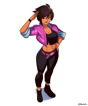 1girl absurdres artist_name black_hair black_lips black_pants black_shoes breasts brown_eyes commentary cropped_jacket dispatch english_commentary face_piercing grin hair_between_eyes hand_on_own_hip highres invisigal jacket lips looking_at_viewer medium_breasts midriff navel nose_piercing pants parted_lips piercing pink_jacket shoes short_hair simple_background smgold smile solo stomach torn_clothes torn_pants white_background