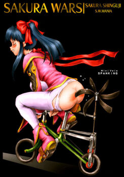 00s 1girl bicycle black_background blush bow character_name clenched_teeth closed_eyes copyright_name female_focus full_body hair_bow high_ponytail leaning_forward machine mania_street no_panties pants pink_footwear pink_shirt ponytail red_bow ribbon riding riding_bicycle riding_bike sakura_taisen shinguuji_sakura shirt sidelocks simple_background solo spanked sweatdrop teeth torn_clothes torn_pants