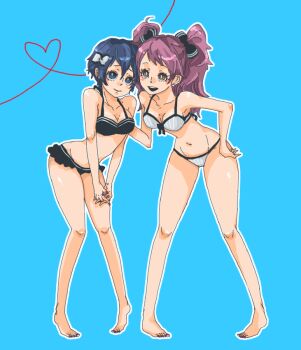 2girls atlus bad_id bad_pixiv_id bad_tag barefoot bikini blue_eyes blue_hair breasts cleavage curvy female_focus full_body hair_ribbon kujikawa_rise long_hair multiple_girls navel persona persona_4 pink_hair reverse_trap ribbon shiny_skin shirogane_naoto short_hair simple_background smile swimsuit ten ten_(ch) thong thong_bikini tomboy twintails wide_hips