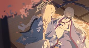 Rule 34 | 2girls, absurdres, arisaka, ayame (blue archive), blonde hair, blue archive, blue haori, bolt action, cherry blossoms, colored eyelashes, gun, hair ornament, halo, haori, highres, japanese clothes, long braid, looking at another, multiple girls, nagusa (blue archive), on floor, pointy ears, rifle, same (samefgo), school uniform, serafuku, sleeping, snowflake hair ornament, socks, tatami, unconscious, weapon, white eyelashes, white hair, white serafuku, white socks, yellow halo