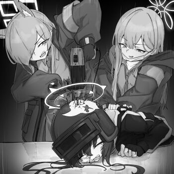 3girls 743_(743rd_bat) animal_ears arm_behind_back armband blood blue_archive closed_eyes commentary crying dog_ears fingerless_gloves gloves greyscale hair_over_one_eye halo hashtag-only_commentary helmet highres holding_power_drill jacket kanna_(blue_archive) konoka_(blue_archive) long_hair long_sleeves mask_pull monochrome multiple_girls necktie nosebleed open_clothes open_jacket open_mouth rabu_(blue_archive) shirt
