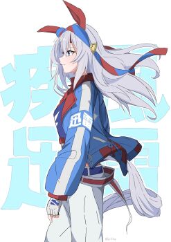 1girl animal_ears belt blue_eyes blue_hairband blue_jacket blue_sports_bra closed_mouth commentary crop_top ear_covers fingerless_gloves from_side gloves grey_hair grey_tail hair_between_eyes hairband hapi_(ht64hap) headband highres horse_ears horse_girl horse_tail jacket lightning_bolt_print lightning_bolt_symbol long_hair long_sleeves pants red_headband solo sports_bra striped_clothes striped_hairband symbol-only_commentary tail tamamo_cross_(umamusume) tamamo_cross_(with_lightning_speed)_(umamusume) umamusume white_pants