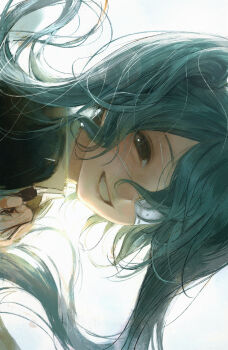 1girl absurdres aqua_hair black_eyes close-up commentary_request eyepatch grin hatsune_miku highres looking_at_viewer medical_eyepatch monitoring_(vocaloid) seapall sideways simple_background smile solo twintails upper_body vocaloid white_background