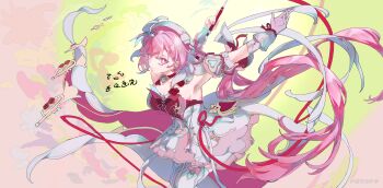 1girl absurdres armpits beret breasts diamond-shaped_pupils diamond_(shape) dress elf elysia_(hi_love_elf)_(honkai_impact) elysia_(honkai_impact) gloves hat highres holding_ribbon_baton honkai_(series) honkai_impact_3rd instrument long_hair medium_breasts miyoushe_watermark multicolored_dress multicolored_hair pink_dress pink_hair pointy_ears purple_eyes red_dress ribbon solo symbol-shaped_pupils thighhighs trumpet two-tone_hair very_long_hair watermark white_dress white_gloves white_thighhighs yi_yi