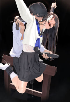1boy 1girl absurdres ankle_cuffs ball_gag bdsm black_background blue_neckerchief bondage bound bound_ankles bound_arms bound_legs bound_wrists chain chained chained_ankles chained_cuffs chained_wrists commentary_request cuffs drooling female_focus gag gagged grey_hair highres hitachi_magic_wand kiss kissing_neck long_hair neckerchief original pleated_skirt po-i-mu pussy_juice restrained sailor_collar school_uniform separated_arms separated_legs serafuku sex_toy shirt simple_background skindentation skirt socks vibrator white_shirt white_socks wiffle_gag wooden_horse wrist_cuffs