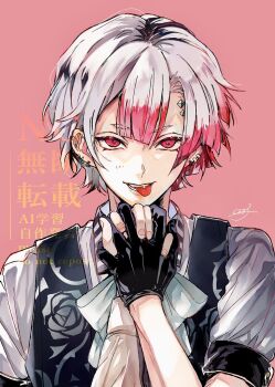 1boy 1girl akuma_shitsuji_to_kuroi_neko ammon_lead barbell_piercing black_gloves black_vest blunt_bangs bow bowtie center-flap_bangs collared_shirt commentary_request double-parted_bangs ear_piercing earrings empty_eyes female_pov floral_print gloves highres holding_hands hoop_earrings industrial_piercing interlocked_fingers jewelry light_blush long_sleeves looking_at_viewer male_focus master_(akuma_shitsuji_to_kuroi_neko) multicolored_hair multiple_piercings nonoko_(meg36544) piercing pink_background pink_hair pov pov_hands print_vest revision rose_print sanpaku shirt short_eyebrows short_hair short_sleeves signature straight-on tongue tongue_out tongue_piercing two-tone_hair upper_body vest waistcoat watermark white_bow white_bowtie white_hair white_shirt