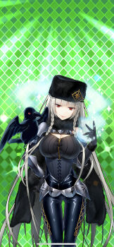 Rule 34 | 1girl, absurdres, albino, argyle background, armor, belt, black bodysuit, black dress, black gloves, bodysuit, braid, breasts, cape, chain-link fence, checkered background, cleavage, cleavage cutout, closed mouth, clothing cutout, corset, cowboy shot, cross, dress, fence, fur trim, giuniu, gloves, glowing, green background, hat, highres, honeycomb (pattern), honeycomb background, large breasts, long hair, long sleeves, looking at viewer, morrigan rufei, pants, pantyhose, red eyes, shiny clothes, sidelocks, single braid, skin tight, smile, solo, standing, thigh gap, turtleneck, twin braids, uchi no hime-sama ga ichiban kawaii, very long hair, weapon, white hair