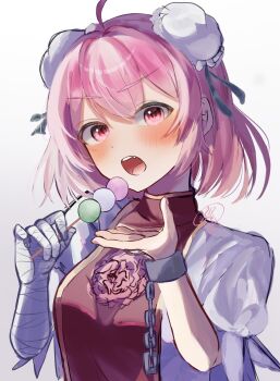 Rule 34 | 1girl, ahoge, bandaged arm, bandages, black ribbon, blush, breasts, bun cover, chain, commentary, cuffs, dango, double bun, fang, fingernails, flower, food, gold trim, hair between eyes, hair bun, hair ribbon, hands up, highres, hiiiiragi0122, holding, holding skewer, ibaraki kasen, looking at viewer, mandarin collar, medium breasts, nail polish, open mouth, pink eyes, pink flower, pink hair, pink nails, pink rose, puffy short sleeves, puffy sleeves, red tabard, ribbon, rose, shirt, short hair, short sleeves, signature, simple background, skewer, solo, tabard, teeth, tongue, touhou, untranslatable commentary, upper body, v-shaped eyebrows, wagashi, white background, white shirt