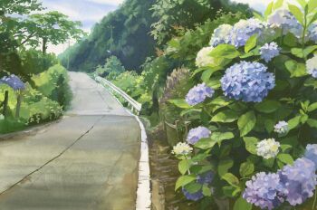 blue_flower bush commentary_request damachitanu day flower highres highway hill hydrangea mountain original outdoors painting_(medium) purple_flower road scenery traditional_media
