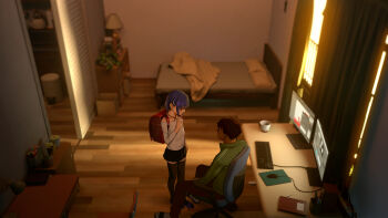 1boy 1girl as109 backpack bag bare_shoulders black_skirt black_thighhighs blue_hair blush brother_and_sister brown_hair chair closed_mouth computer crime_prevention_buzzer desk flat_chest from_above green_jacket hair_ornament hairclip hand_on_own_chest hand_up highres indoors jacket computer_keyboard loli long_sleeves looking_at_another monitor computer_mouse mousepad_(object) office_chair on_chair original pink_eyes pleated_skirt randoseru red_bag sandals shirt short_hair siblings sitting skirt smile standing swivel_chair thighhighs track_jacket white_shirt wooden_floor