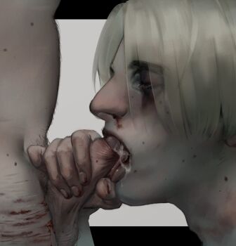2boys blonde_hair blood bruise bruised_eye cum erection fellatio highres injury multiple_boys nosebleed nude oral original self-harm short_hair sigmachadalex thigh_cutting yaoi