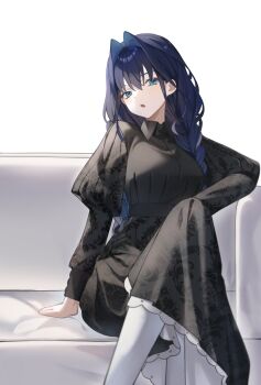 1girl absurdres black_dress blue_eyes blue_hair braid breasts commentary couch crossed_legs dress embroidered_dress embroidery fanged_bangs hair_intakes highres hololive hololive_english i.ryuu_z juliet_sleeves large_breasts long_dress long_hair long_sleeves looking_at_viewer low_twin_braids official_alternate_costume official_alternate_hairstyle on_couch open_mouth ouro_kronii ouro_kronii_(maid) pantyhose puffy_sleeves simple_background sitting solo symbol-only_commentary twin_braids virtual_youtuber white_background white_pantyhose