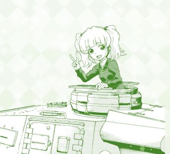 Rule 34 | 1girl, girls und panzer, girls und panzer phase erika, kuromorimine military uniform, looking at viewer, military vehicle, motor vehicle, panzer iii, rou leila, saitaniya ryouichi, smile, tank, tank cupola, twintails, v