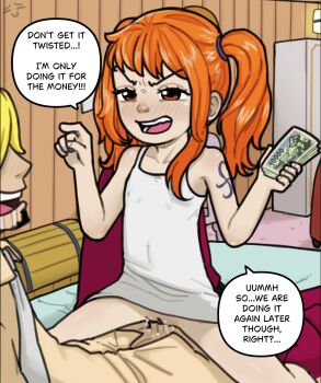 1boy 1girl age_difference aged_down blonde_hair blush bottomless brown_eyes clothes_lift clothes_pull dress dress_lift english_text highres loli long_hair money nami_(one_piece) necktie one_piece orange_hair pants pants_pull ponytail prostitution pussy raikuz sanji_(one_piece) sex shirt short_hair side_ponytail smile spread_legs tattoo twintails vaginal