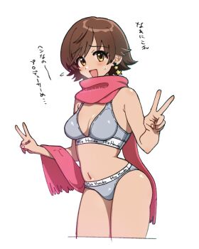 1girl 24takokai10 blush breasts brown_hair character_name clothes_writing commentary cropped_legs double_v earrings grey_panties grey_sports_bra honda_mio idolmaster idolmaster_cinderella_girls jewelry looking_at_viewer navel open_mouth panties pink_scarf scarf short_hair simple_background solo sports_bra standing star_(symbol) star_earrings sweatdrop symbol-only_commentary translation_request underwear underwear_writing v white_background yellow_eyes