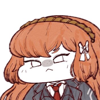 Rule 34 | 1girl, angry, artist request, bow, chibi, collared shirt, commentary request, freckles, hair bow, hairband, ishmael (project moon), jacket, korean commentary, limbus company, long hair, looking at viewer, necktie, orange hair, portrait, project moon, red necktie, shirt, simple background, solo, white background, white eyes