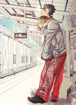 2boys black_hair black_shoes blonde_hair closed_mouth commentary_request from_side full_body grey_jacket haikyuu!! hands_in_another's_pockets highres jacket kozume_kenma kuroo_tetsurou male_focus multicolored_hair multiple_boys red_track_suit roots_(hair) shirt shoes short_hair standing track_suit train_station two-tone_hair white_shoes xxxxwaltzxxxx