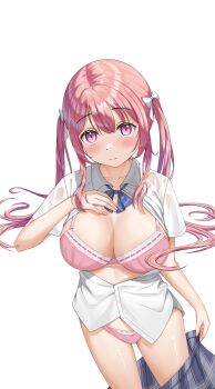1girl absurdres blue_skirt blush bow bra breasts cleavage hair_bow highres large_breasts looking_at_viewer open_clothes original panties partially_unbuttoned pink_bra pink_eyes pink_hair pink_panties plaid_clothes plaid_skirt pleated_skirt school_uniform see-through_clothes shirt short_sleeves skirt smile solo sponge_rain twintails underwear undressing white_bow white_shirt