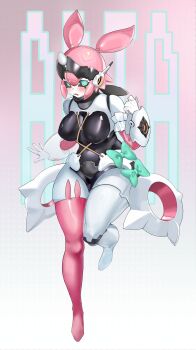 Rule 34 | 1girl, absurdres, aria (zenless zone zero), black sclera, bow, breasts, character name, colored sclera, full body, green bow, green eyes, hashtag-only commentary, highres, humanoid robot, large breasts, mechanical ears, open mouth, pink background, robot, robot girl, solo, toya (toya728629), zenless zone zero