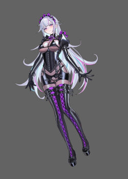 1girl absurdres black_corset bodysuit bondage_outfit boots breasts commentary_request commission corset full_body grey_background grey_hair highres juliet_sleeves lace-up_boots latex latex_bodysuit long_hair long_sleeves maid_headdress medium_breasts original puffy_sleeves purple_eyes pussy second-party_source see-through_bodysuit see-through_clothes shen_hai_ichigo shiny_clothes solo thigh_boots variant_set very_long_hair wrist_cuffs