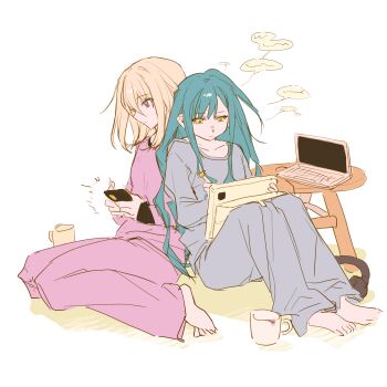 2girls absurdres bang_dream! bang_dream!_it&#039;s_mygo!!!!! barefoot blonde_hair blue_hair blue_pants blue_shirt cellphone computer cup hair_down highres holding holding_phone holding_stylus holding_tablet_pc laptop long_hair lu_bian_de_yecao_zai_changge medium_hair misumi_uika multiple_girls pajamas pants phone purple_eyes purple_pants purple_shirt shirt sidelocks sitting smartphone stylus table tablet_pc togawa_sakiko white_background yellow_eyes
