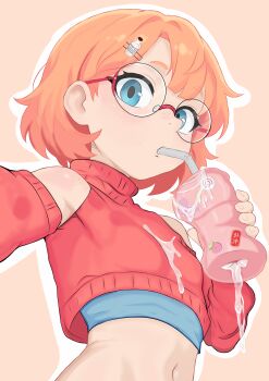 absurdres aqua_eyes artificial_vagina bare_shoulders blue_bra blue_eyes bottle_hair_ornament bra cropped_sweater cum drinking_straw drinking_straw_in_mouth glasses gokkun hair_ornament harioqi highres loli midriff orange_hair original round_eyewear sex_toy short_hair sticker sweater training_bra underwear upper_body used_artificial_vagina
