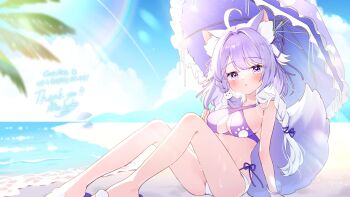 1girl ahoge animal_ear_fluff animal_ears beach bikini blue_sky blush braid breasts cat_ears cleavage cloud commentary_request commission day feet_out_of_frame highres holding holding_umbrella kise_inaka large_breasts long_hair looking_at_viewer multicolored_hair original outdoors purple_bikini purple_eyes purple_hair purple_umbrella side-tie_bikini_bottom signature sitting skeb_commission sky solo stomach sunlight swimsuit tail umbrella very_long_hair white_hair