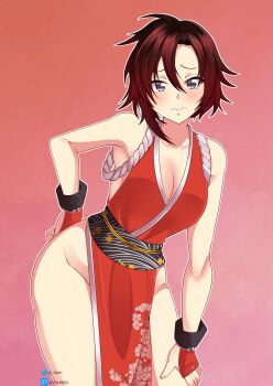 1girl absurdres bare_shoulders blush breasts cleavage collarbone cosplay crossover emiri_(pixiv) fatal_fury frown grey_eyes hand_on_own_hip highres large_breasts looking_at_viewer obi pelvic_curtain red_hair rope ruby_rose rwby sash shimenawa shiranui_mai shiranui_mai_(cosplay) short_hair sleeveless solo the_king_of_fighters thighs