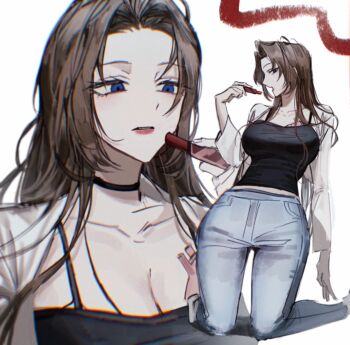 1girl black_choker black_shirt blue_eyes blue_pants breasts brown_hair chanil_(muexlku) chest_tattoo choker commentary cosmetics denim heart heart_tattoo highres holding holding_lipstick_tube jacket jeans large_breasts limbus_company lipstick_tube long_hair multiple_views pants parted_bangs parted_lips project_moon red_lips rodion_(project_moon) shirt simple_background sleeveless sleeveless_shirt symbol-only_commentary tattoo very_long_hair white_background white_jacket