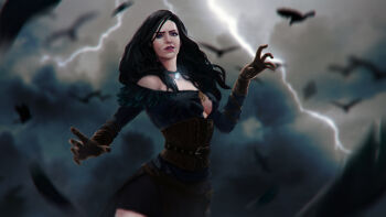 1girl absurdres amionna bird black_feathers black_hair blue_shirt blurry blurry_background brown_corset brown_gloves cloud corset crow depth_of_field falling_feathers feathers gloves highres lightning long_hair looking_at_viewer mole mole_under_mouth official_alternate_costume purple_eyes shirt solo strapless strapless_shirt the_witcher_(series) the_witcher_3 yennefer_of_vengerberg