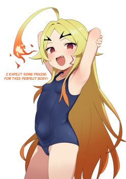 1girl :d absurdres blonde_hair blue_one-piece_swimsuit breasts fang highres loli mikoscrub one-piece_swimsuit open_mouth red_eyes simple_background small_breasts smile solo standing swimsuit teoritta white_background yuushakei_ni_shosu