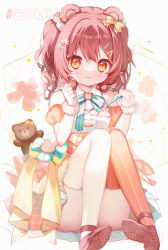 Rule 34 | 1girl, :3, animal ears, bear ears, commission, convenient leg, d omm, dress, hair ornament, indie virtual youtuber, konomi meru, looking at viewer, orange eyes, red hair, sitting, skeb commission, solo, striped clothes, striped thighhighs, stuffed animal, stuffed toy, teddy bear, thighhighs, virtual youtuber