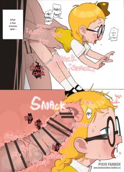 1boy 1girl bar_censor bent_over bessie_higgenbottom blonde_hair blue_eyes blush braid censored clothed_female_nude_male cross-section empty_eyes english_text erection from_side glasses hat hetero highres lifting_another's_clothes loli missing_tooth multiple_views nude open_mouth panties panty_pull penis possummachine profile rape saliva sequential sex sex_from_behind shoes socks tears teeth the_mighty_b! tongue tooth_gap twin_braids underwear upper_teeth_only vaginal