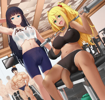 1235 1boy 2futa abs bike_shorts black_hair blonde_hair blue_eyes blunt_bangs breasts bulge cleavage closed_eyes covered_erect_nipples covered_testicles dark_skin dumbbell dumbbell_nan_kilo_moteru? erection erection_under_clothes exercising flaccid foreskin futanari green_eyes gym half-closed_eyes highres indoors large_breasts large_penis long_hair machio_naruzou midriff multiple_futa muscular navel open_mouth penis penis_out precum public_indecency public_nudity sakura_hibiki sitting smile souryuuin_akemi sports_bra standing tan tank_top testicles twintails uncensored underwear veins veiny_breasts weightlifting