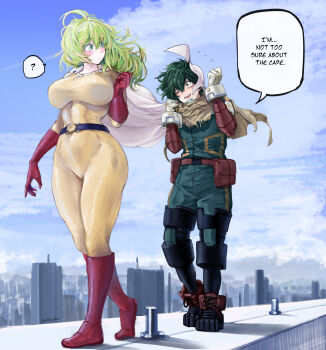 1boy 1girl absurdres belt bilingual_commentary black_belt blue_sky bodysuit boku_no_hero_academia boots breasts building cape city cloud commentary commentary_request cosplay day english_commentary english_text gloves green_hair green_jacket hagakure_toru highres jacket korean_commentary large_breasts looking_at_another m4skedboi medium_hair midoriya_izuku mixed-language_commentary one-punch_man outdoors partial_commentary red_boots red_gloves saitama_(one-punch_man) saitama_(one-punch_man)_(cosplay) short_hair sky speech_bubble superhero_costume walking white_cape yellow_bodysuit