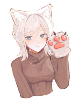 1girl :3 animal_ear_fluff animal_ears animal_hands blue_eyes brown_sweater cat_ears cat_girl closed_mouth faust_(project_moon) gloves highres kemonomimi_mode limbus_company long_hair looking_at_viewer paw_gloves project_moon simple_background solo sweater turtleneck turtleneck_sweater upper_body white_background white_hair yata_(ifeelikeagod)